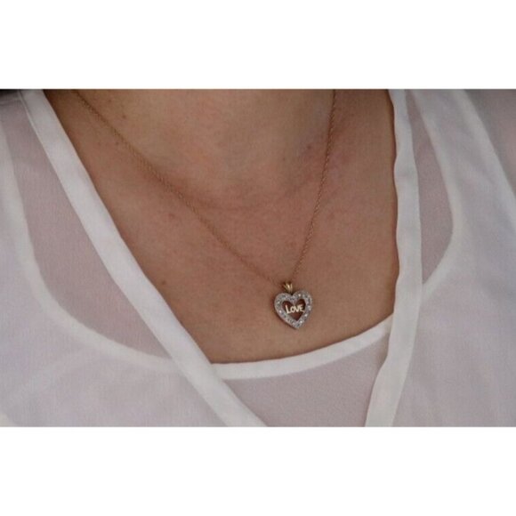 10K Yellow Gold Diamond Love Heart Heart Necklace 18" Chain - Picture 2 of 8